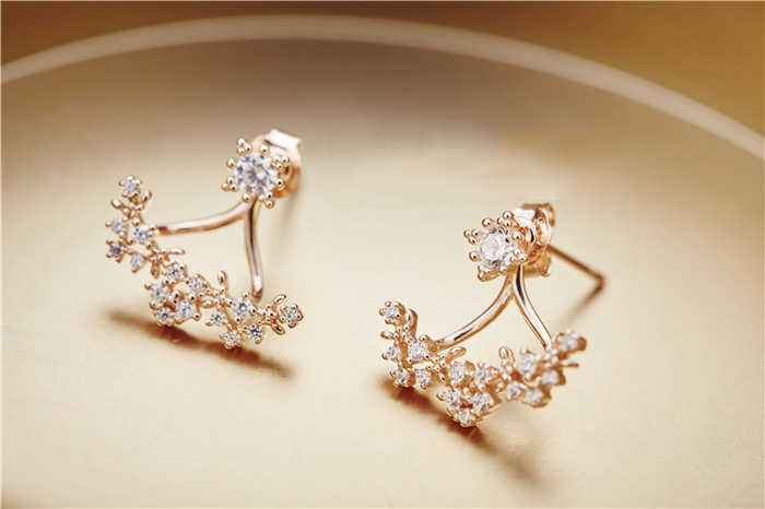 New 925 Silver Rose Gold Plated Zircon Earrings With Detachable Flower Branches